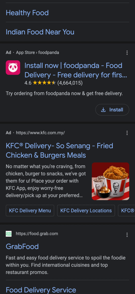 Example of foodpanda running mobile app campaign in Google Ads