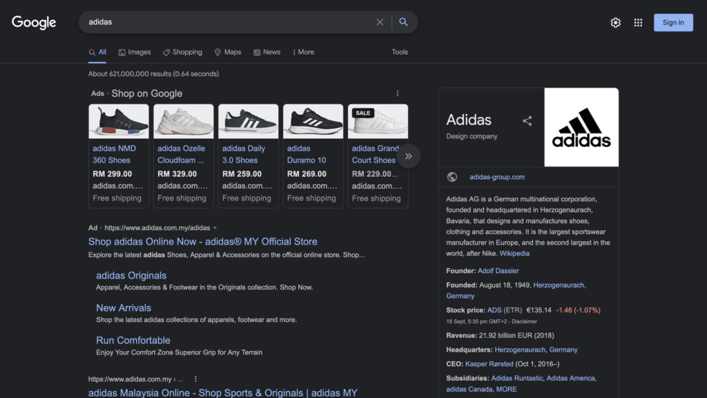 Example of how Google Ads shopping looks like when searching for Adidas