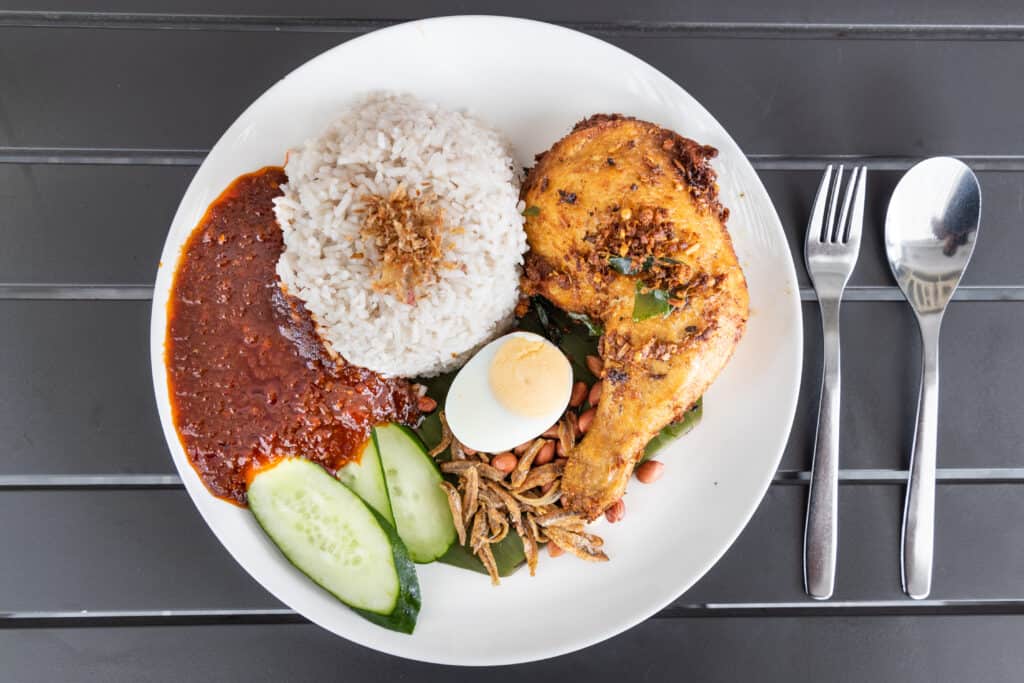 Nasi lemak with fried chicken and sambal, Malaysia popular food